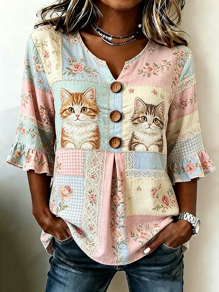 Women's Casual Animal Cat Floral Cotton Linen Top