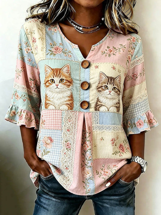 Women's Casual Animal Cat Floral Cotton Linen Top