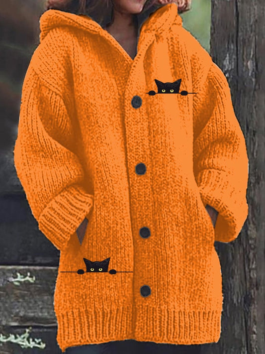 Women's Casual Cat Print Knitted Fabric Plush Jacket