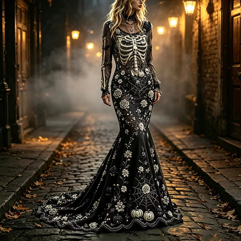 Women's Halloween Human Anatomy Art And Floral Art Velvet Vintage Dress