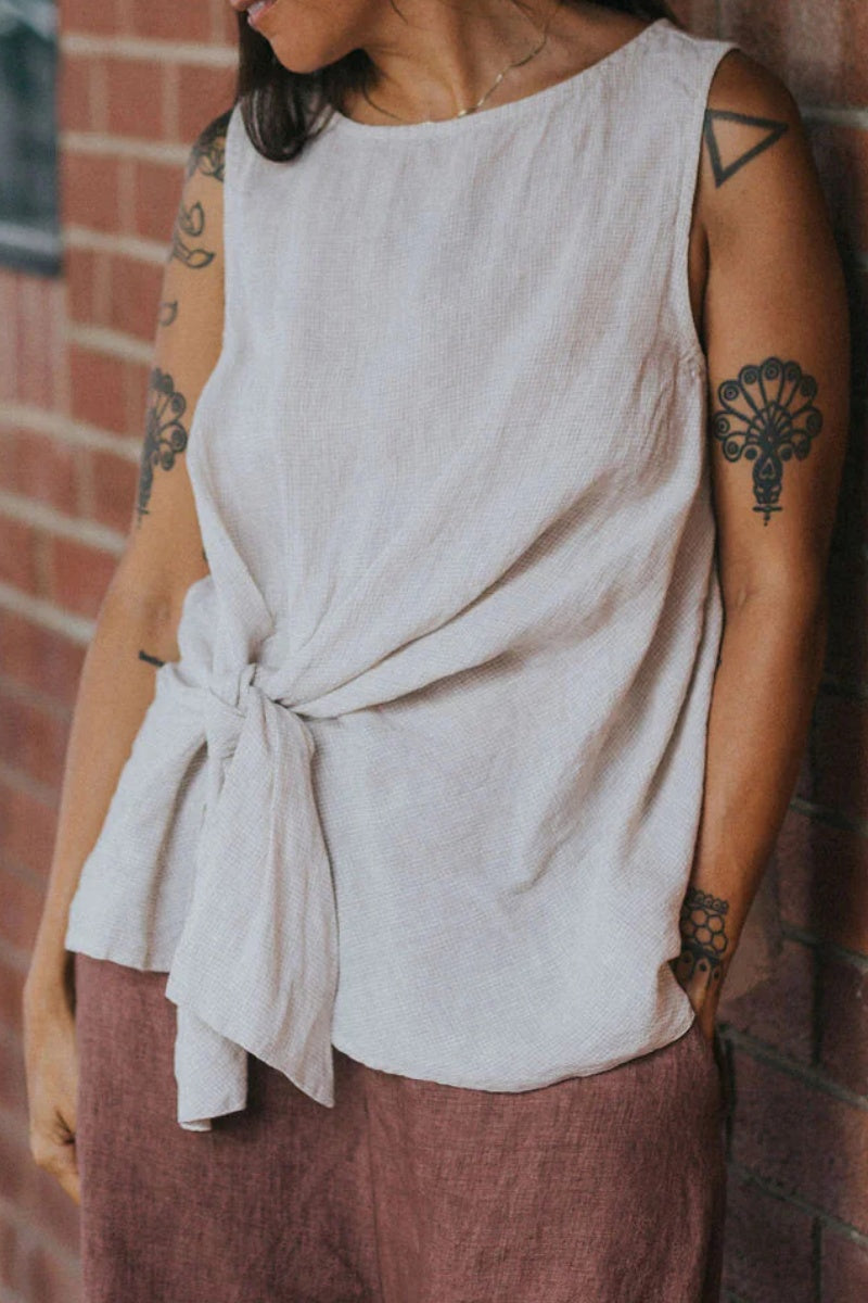 Coco Front Tie Up Linen Top in Houndstooth
