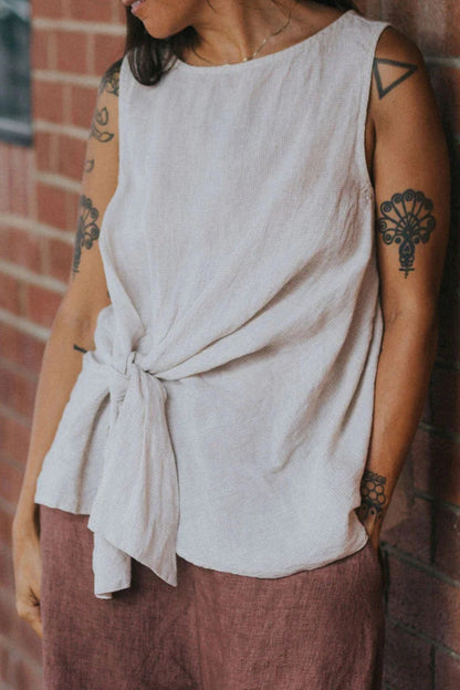 Coco Front Tie Up Linen Top in Houndstooth