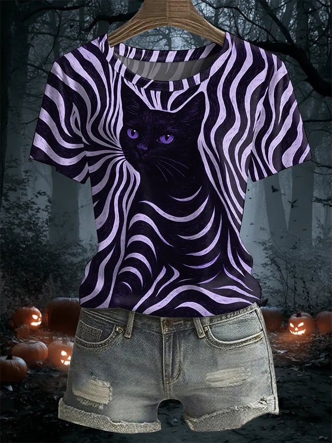 Women's Halloween Black Cat Print Top