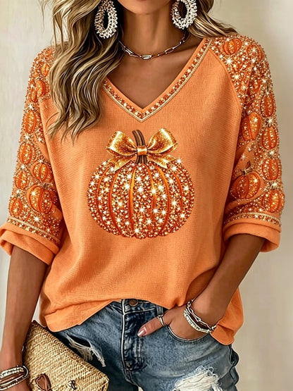 Women's Autumn Pumpkin Rhinestone Pattern Casual Mid-sleeve T-shirt