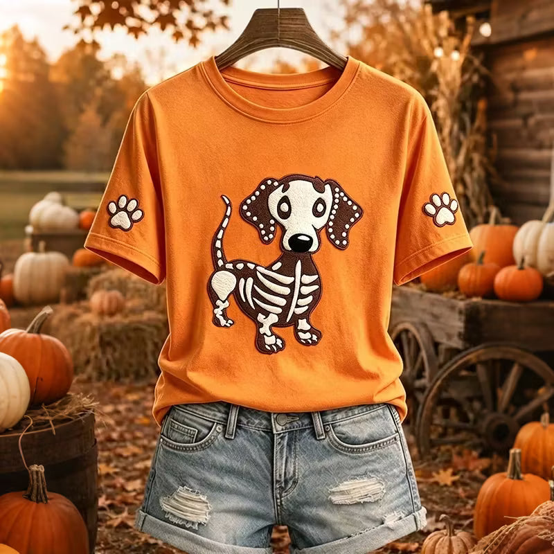 Women's Halloween Skull Dachshund Pattern Art Print Casual T-shirt