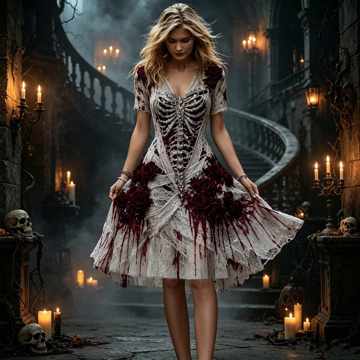 Women's Gothic Skeleton Ribcage White Lace Red Rose Blood Drip 3d Embroidery Halloween Party A-line Dress