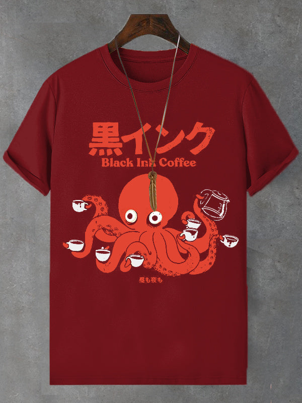 Men's Octopus Coffee Japanese Art Print Cotton Casual T-Shirt
