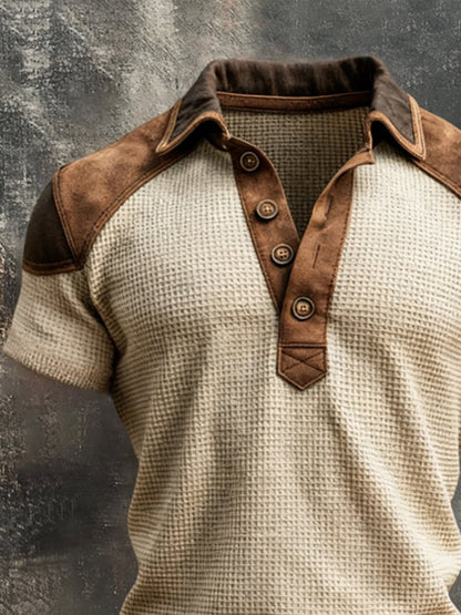 Men'S Short-Sleeve Polo-Collar Top With Retro Leather Paneling And Color-Block Design