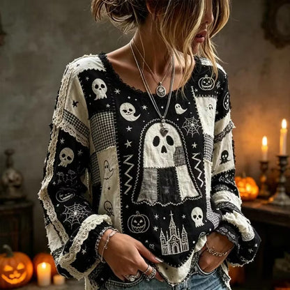 Vintage Ghost Face Art Embroidery Patchwork Cotton Linen Casual Crew Neck Long Sleeve Top