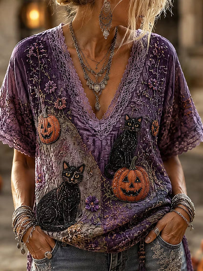 Vintage Purple Boho Halloween Black Cat Pumpkin Floral Embroidery V Neck Blouse