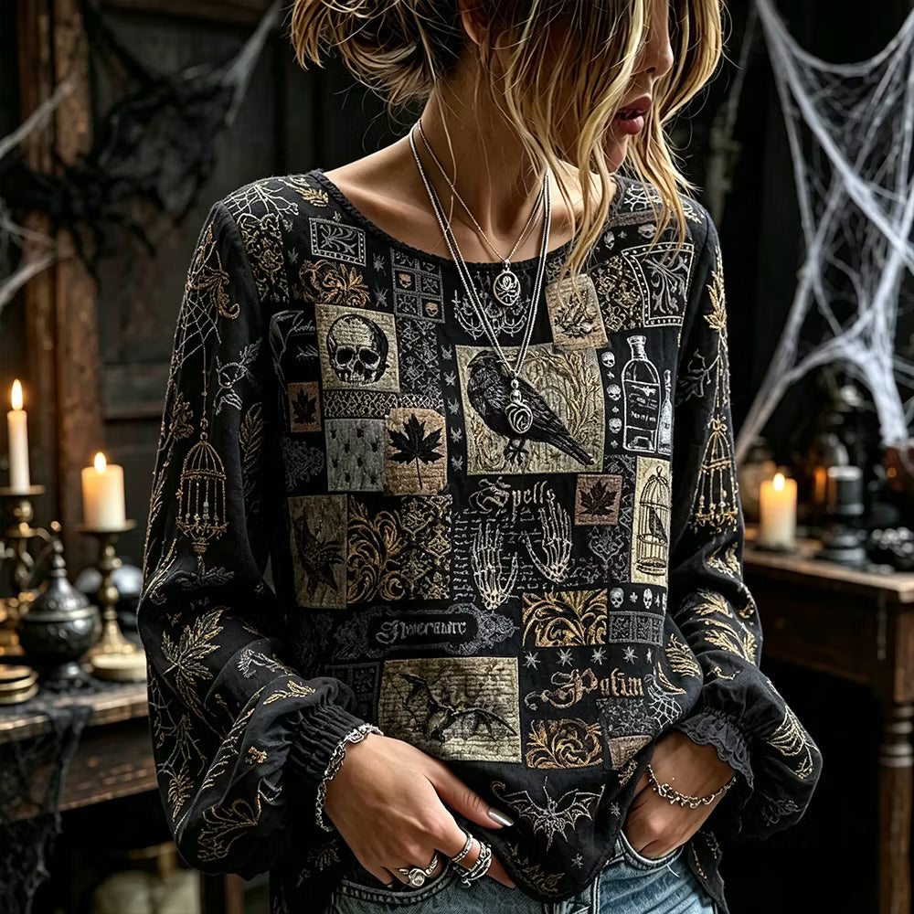 Women's Halloween Vintage Spider And Spiderweb Art Print Casual Crewneck Long Sleeve Top