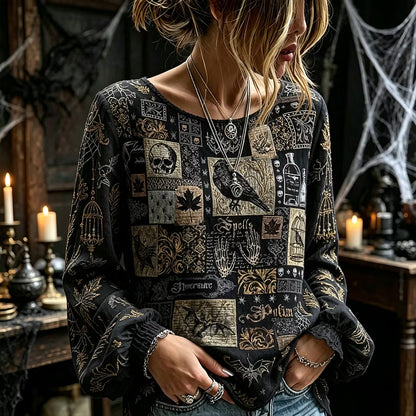 Women's Halloween Vintage Spider And Spiderweb Art Print Casual Crewneck Long Sleeve Top