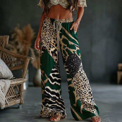 Women's  Leopard And Animal Patchwork Art Print Flowy Linen Blend Casual Pants