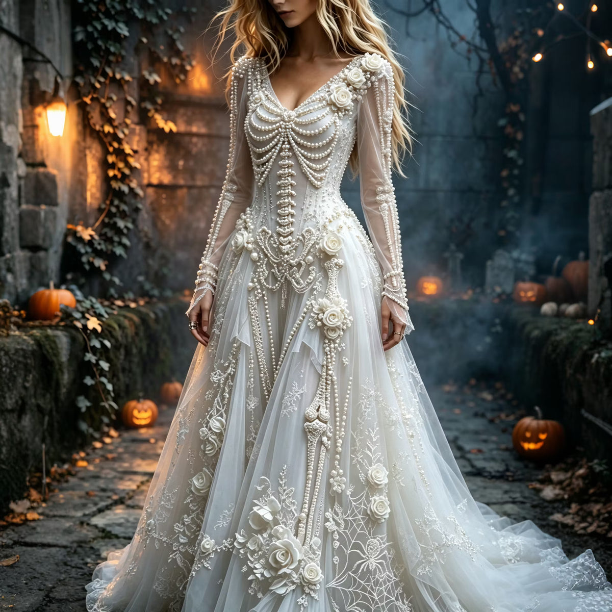 Women's Halloween Gothic Skeleton & Floral Long-sleeve Maxi Dress