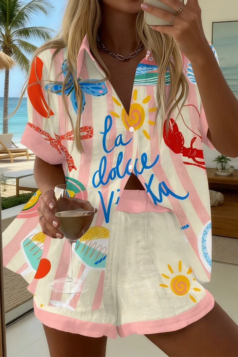 Seaside Holiday Striped Print Shirt & Shorts Two-Piece Set