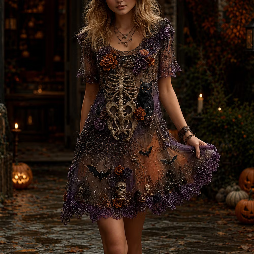 Women's Halloween Gothic Skeleton Ribcage, Spiderweb & Cat Short-sleeve Dress