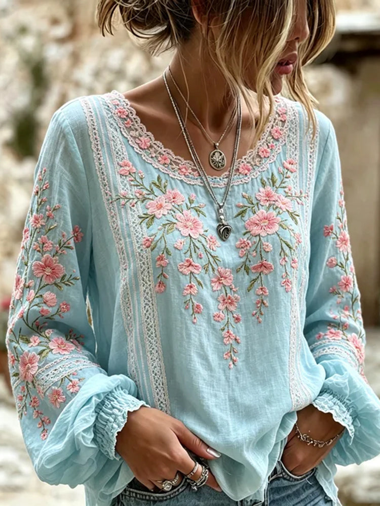 Women's Pink Floral And Lace Art Blue Cotton Linen Blend Comfortable Round Neck Long Sleeve Top
