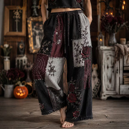 Women's Halloween Retro Skull Spiderweb Rose Color Block Cotton Linen Pants