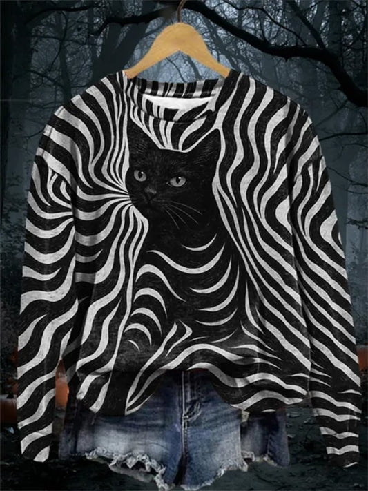 Women's Halloween Black Cat Print Sweatshirt