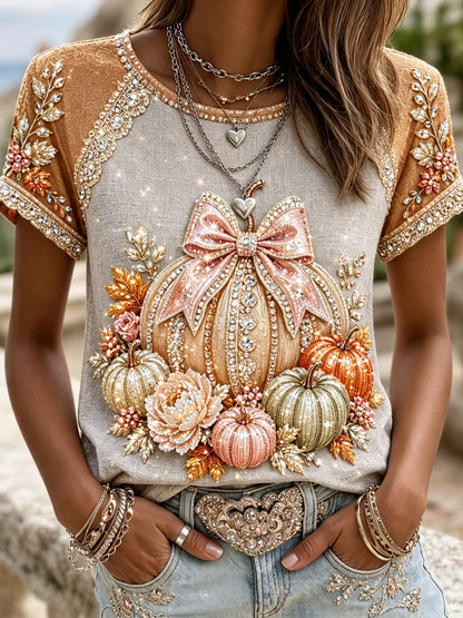 Women's Autumn Pumpkin Art Print Crew Neck Short Sleeve T-shirt