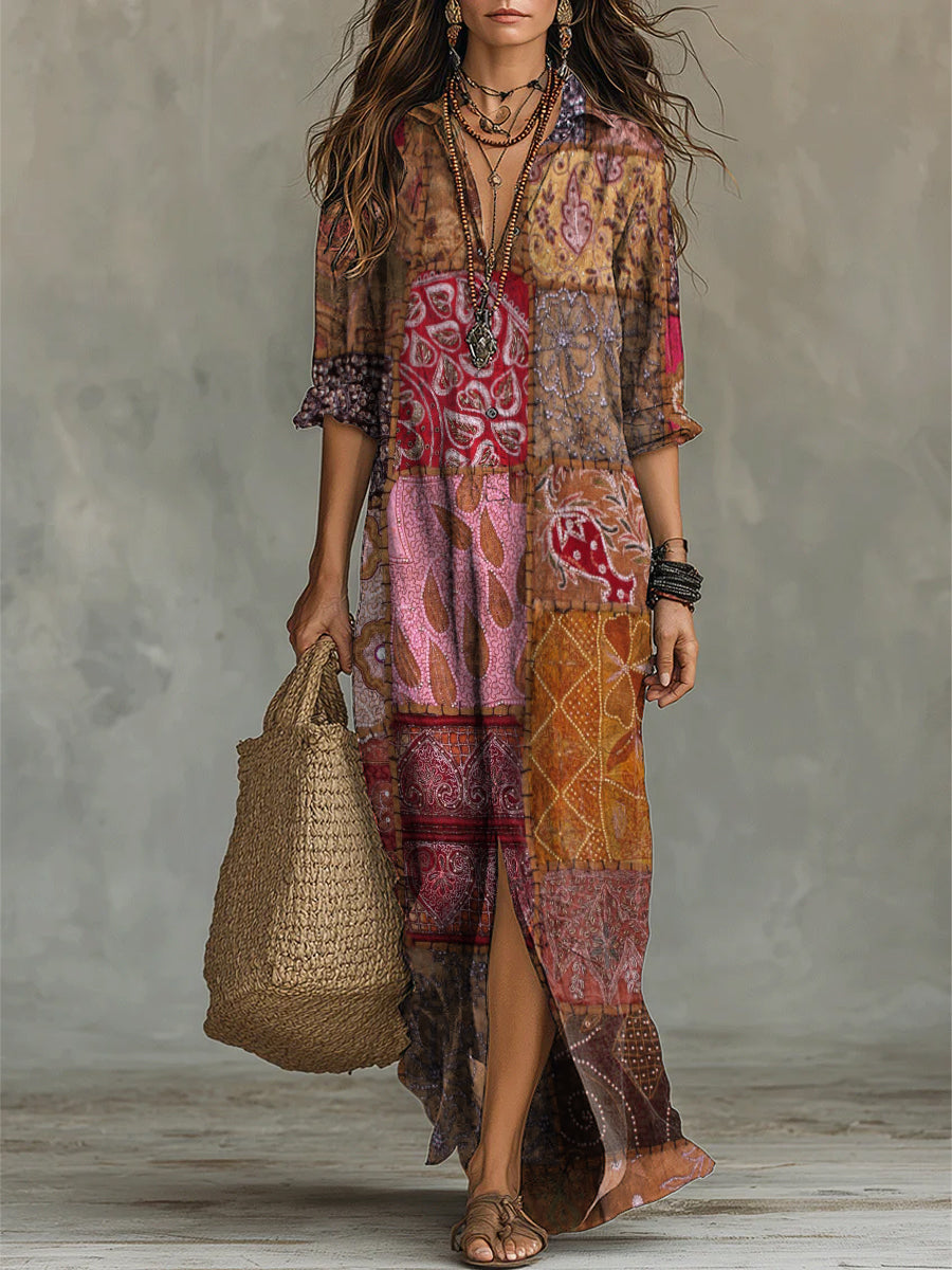 Vintage-style Floral Patchwork Motif Long Sleeve Cotton Dress