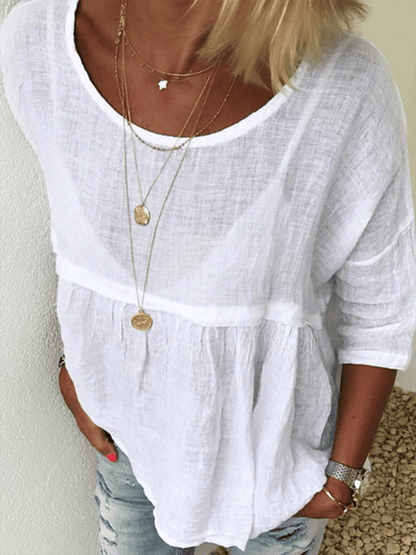 Women's Casual Cotton Linen Round Neck Long Sleeve T-Shirt