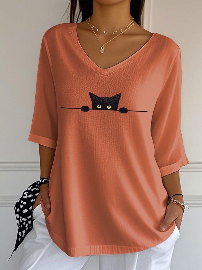 Women's Cute Cat Print Casual V-Neck T-Shirt
