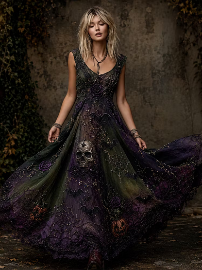 Women's Halloween Spooky Gothic Skull, Spiderweb & Rose Maxi Dress