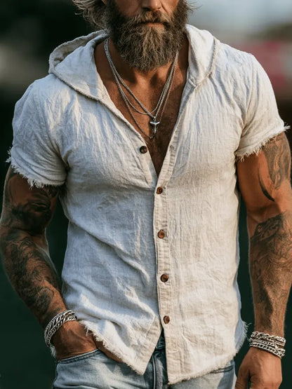 Men's Vintage-Style Lightweight Cotton-Linen Short-Sleeve Hoodie