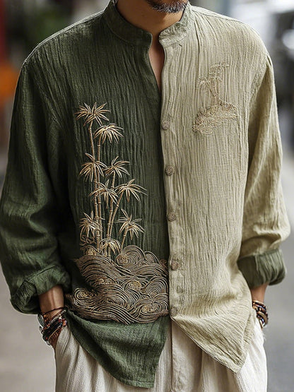 Men's Contrast Color Japanese Art Bamboo Pattern Long Sleeve Shirt