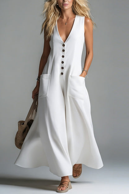 Pocket V-neck Solid Color Casual Dress
