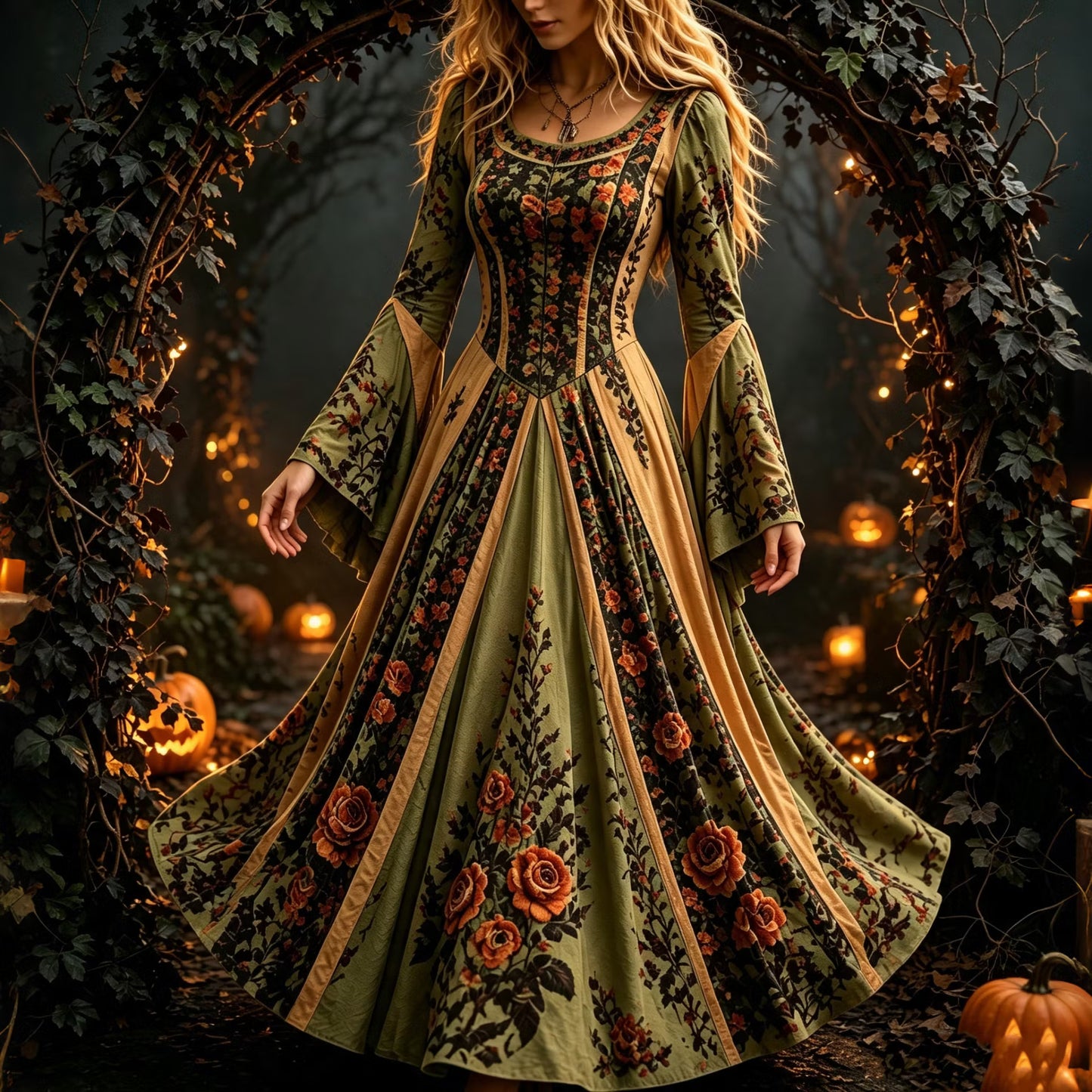 Women's Retro Floral Pattern Long-sleeved Dress