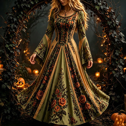 Women's Retro Floral Pattern Long-sleeved Dress