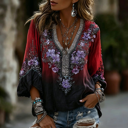 Classy Gradient Purple Lavender And Floral Art Linen Blend Loose Three-quarter Sleeve Shirt