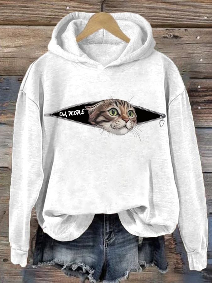 Women's Ew People Cat Print Hoodie