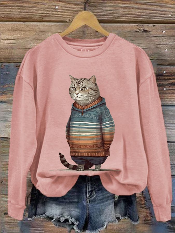 Women's Winter Cat Print Crew Neck Sweatshirt