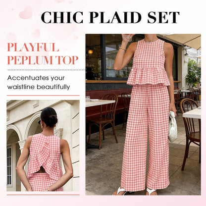Women's 2 Piece Plaid Print Outfits Ruffle Top & Pants