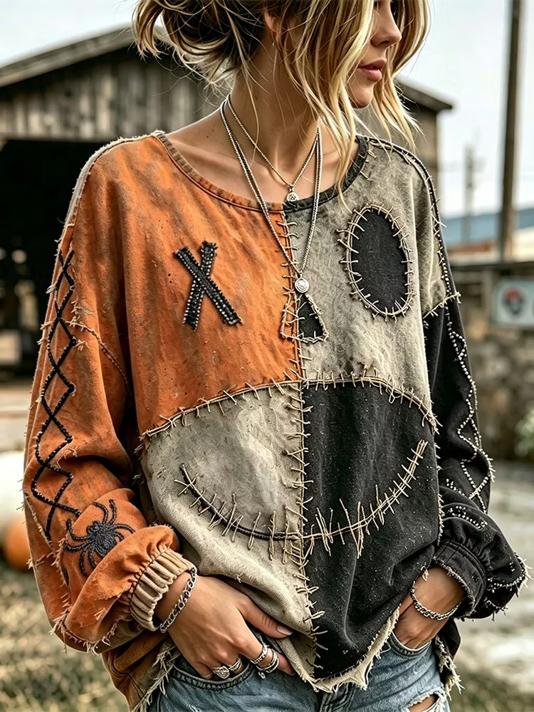 Women's Retro Halloween Spooky Smiley Face Color Block Casual Linen Shirt