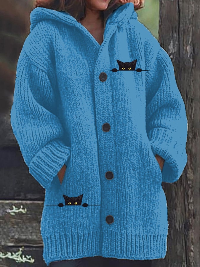 Women's Casual Cat Print Knitted Fabric Plush Jacket