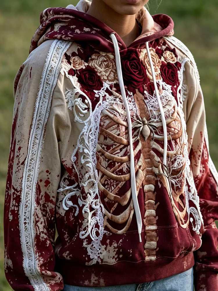 Women's Retro Halloween Human Bones And Floral Embroidery Comfortable Hooded Sweatshirt