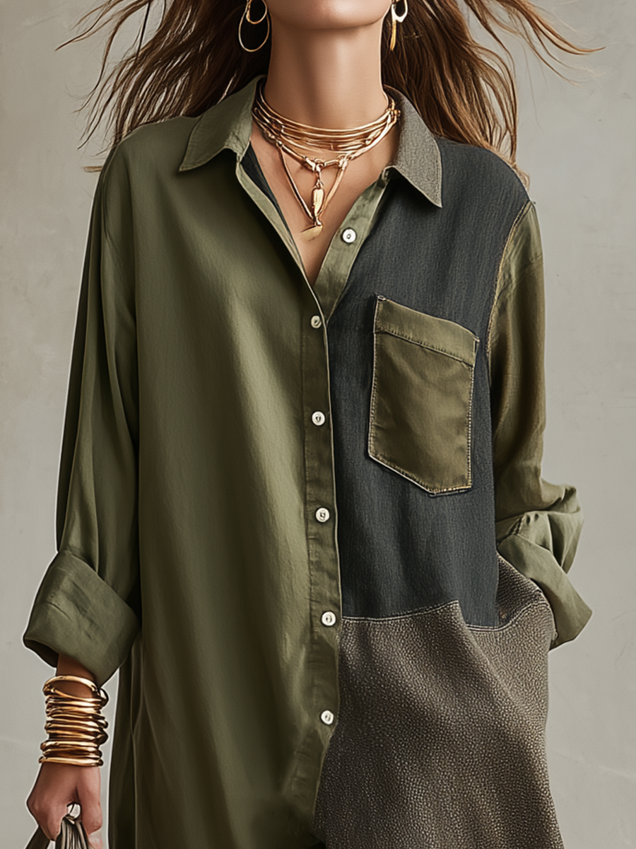 Refined Olive Color-Block Shirt Midi Dress