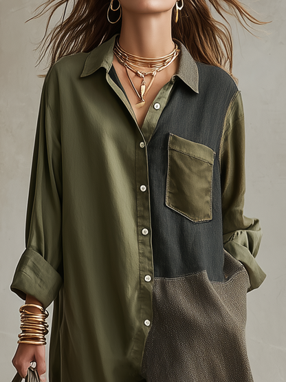 Refined Olive Color-Block Shirt Midi Dress