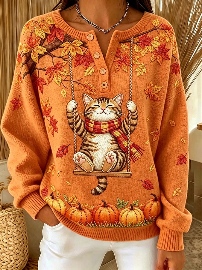 Women's Casual Print Button-Up Collar Knit Top