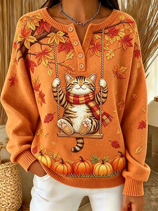 Women's Casual Print Button-Up Collar Knit Top
