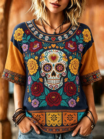 Women's Retro Vacation Floral Skull Design Cotton Linen Crew Neck Top