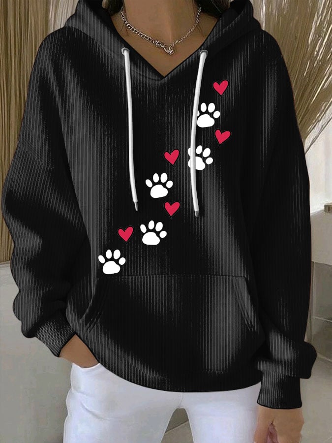Women's Retro Animal Dog Paw Print Casual Cotton Hoodie
