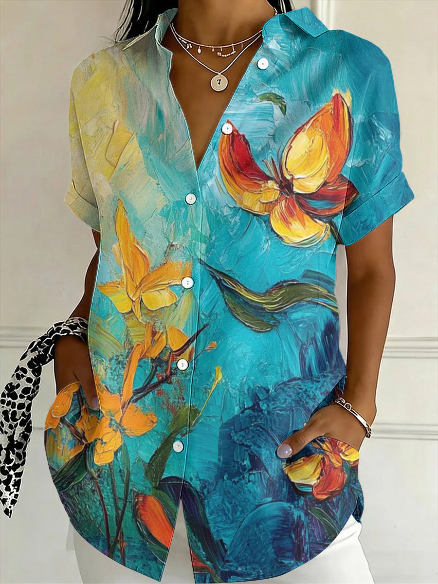 Women's Casual Butterfly Oil Painting Flower Shirt