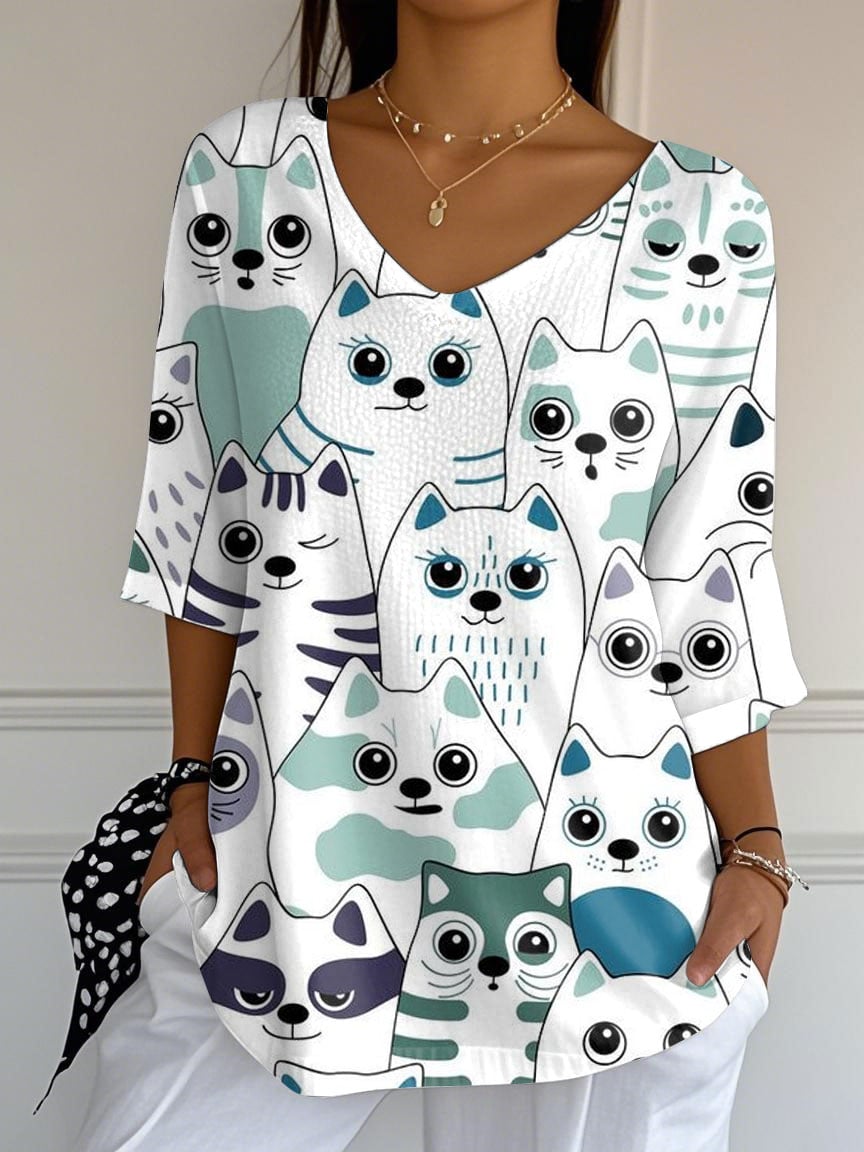 Cat Pattern Women'S Printed Mid-Sleeve Casual T-Shirt