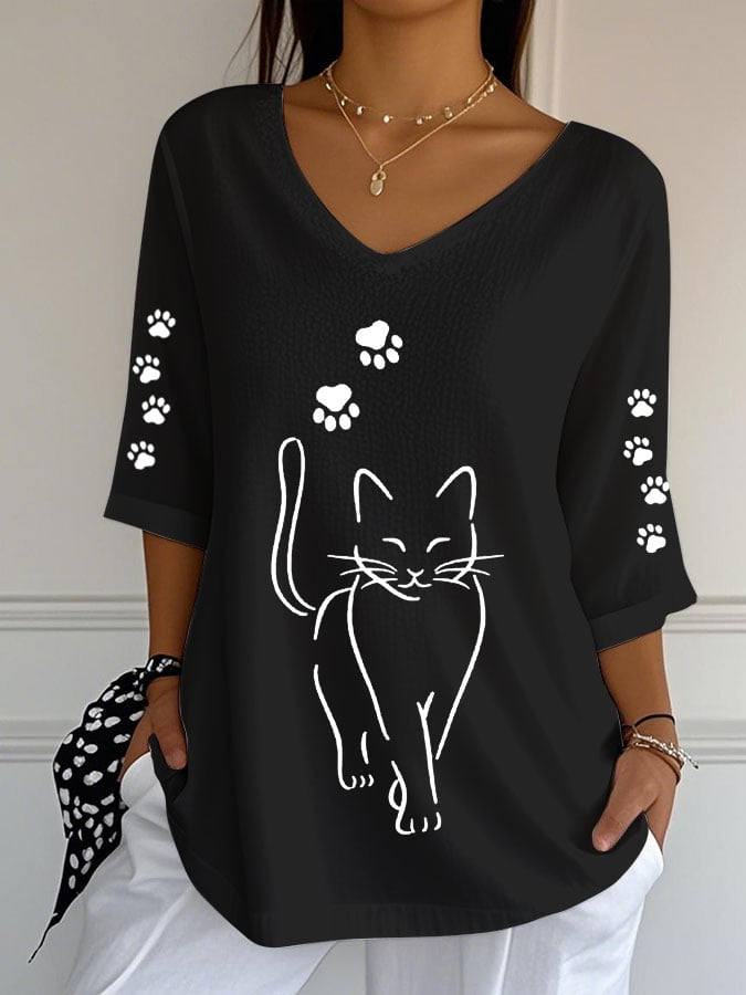 Women's Cute Cat Print Casual V-Neck T-Shirt