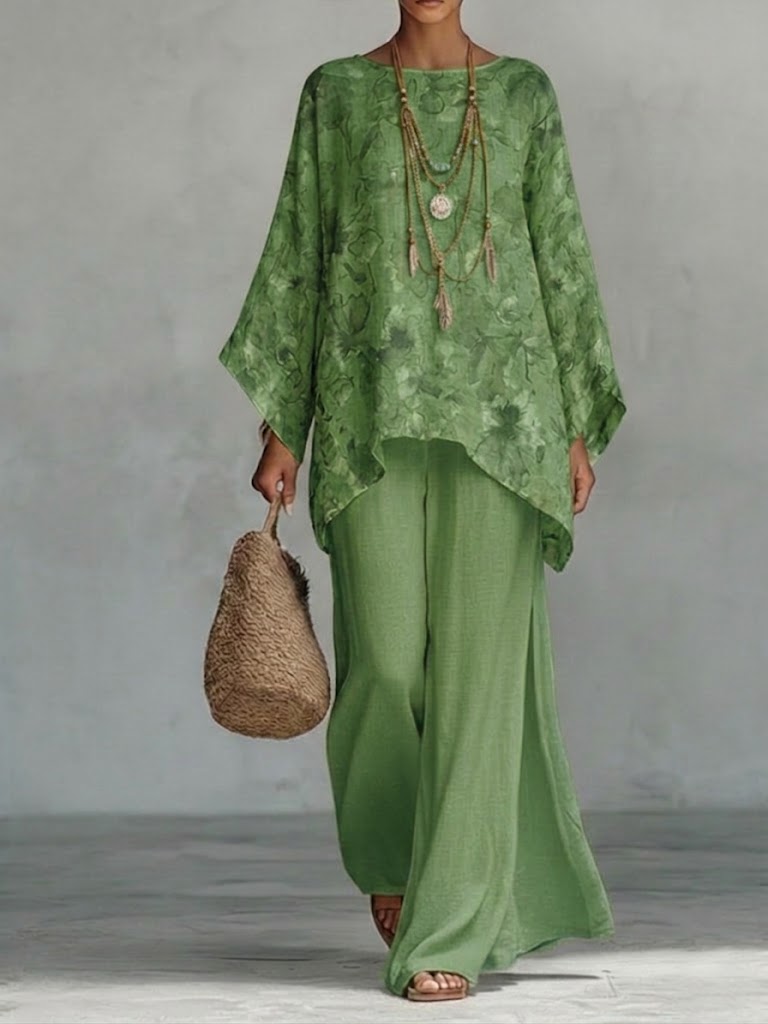 Casual Two-piece Set: Floral-print Linen & Cotton Top And Solid-color Trousers